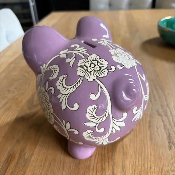 Purple Ceramic Piggy Bank with Decorative Accents - Picture 4 of 7